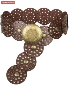 Wide Vintage PU Leather Western Disc Concho Belt Adjustable Boho Waist Belt